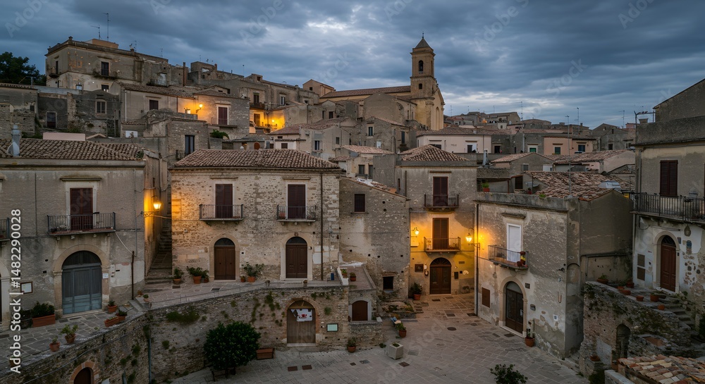 Fototapeta premium Charming Hillside Village at Dusk with Stone Buildings and Church