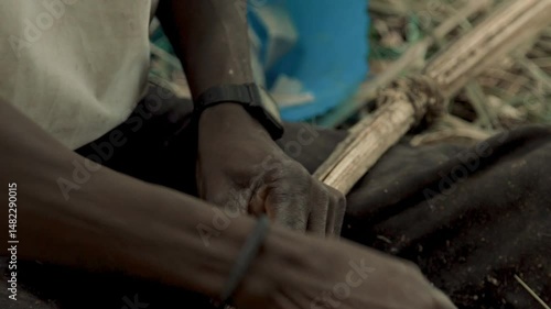 Close-up of traditional African man tightening vine around natural climbing ring used to scale palm tree for palm wine harvest in Cap Skirring, Senegal — intense grip and native technique