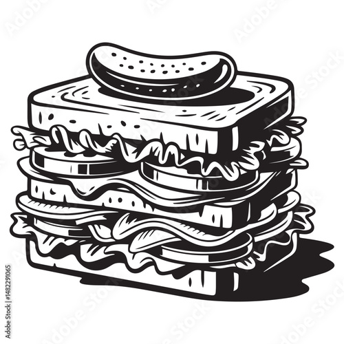 Bold graphic illustration of a delicious sandwich with intricate details Vector black silhouette. with white background