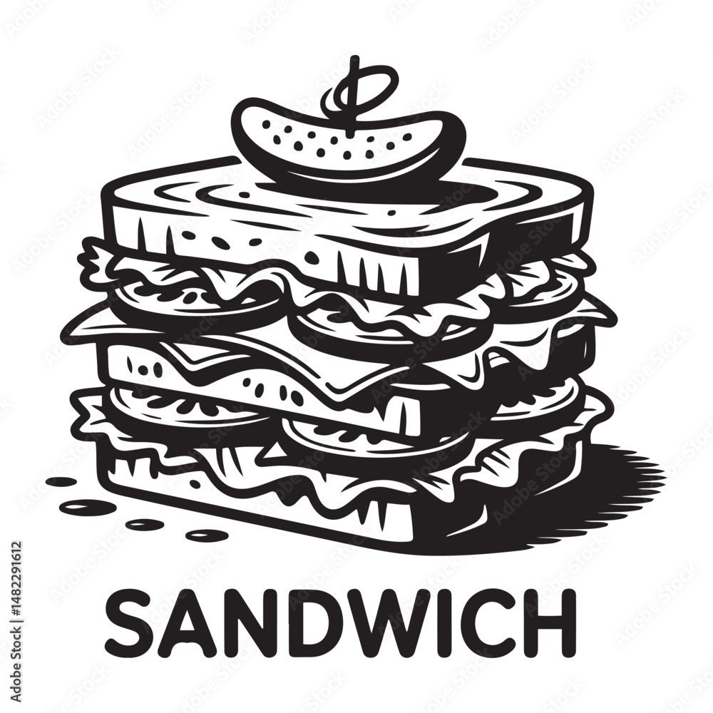 Bold graphic illustration of a delicious sandwich with intricate details Vector black silhouette. with white background Bold graphic illustration of a delicious sandwich with intricate details Vector black silhouette. with white background