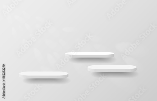 Abstract realistic white 3d round podium or product display stand hanging, floating with light shining shadow on wall. Minimal wall scene for product display presentation. Vector geometric platform