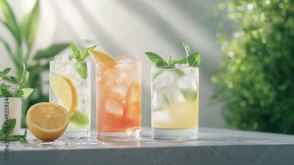 Fototapeta premium Refreshing Summer Drinks with Citrus and Mint in Bright Outdoor Light summer refreshing mint citrus
