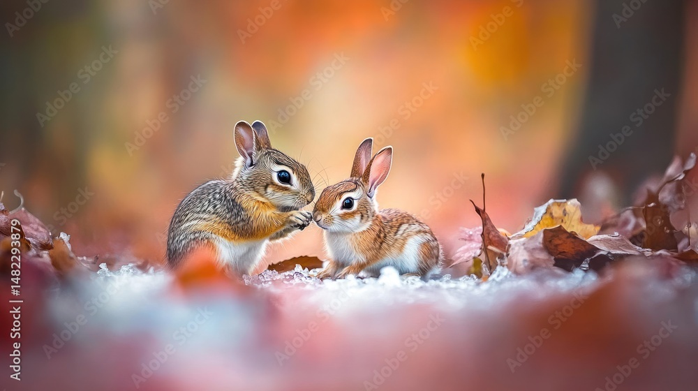 Obraz premium Autumn Forest, Two Baby Rabbits, Snow, Warm Light