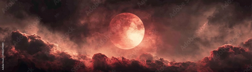 Obraz premium Red moon behind black clouds with eerie sky and burning concept. A dramatic sunset showcasing vivid clouds and a glowing moon.
