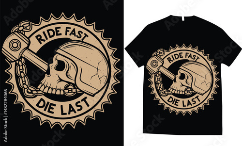 Motorcycle-themed skull helmet with crossed pistons and rebel rider elements,  engine parts, wings, and flames, the composition evokes fire, speed, and power, t-shirt design vector illustration.