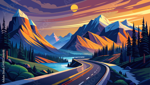 Scenic Icefields parkway in twilight at Jasper national park Canada