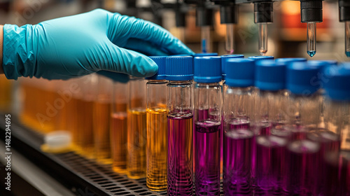 Scientist in blue nitrile gloves caps test tubes with colored liquids on automated lab equipment.
