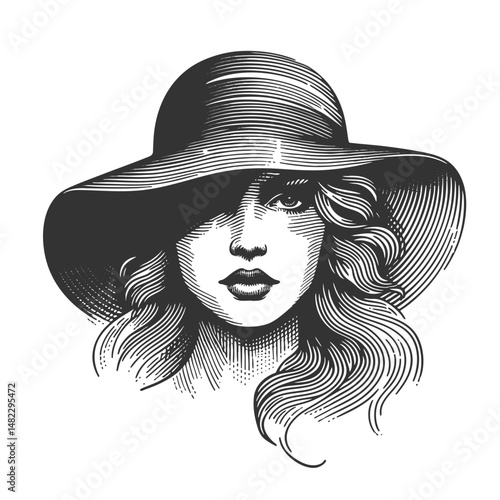 beautiful woman with flowing hair wearing a wide-brimmed hat decorated with leaves sketch engraving generative ai fictional character vector illustration. Scratch board. Black and white image.