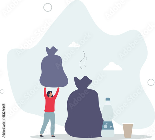 Character collecting plastic and other environmentally unfriendly trash.Plastic pollution problem concept. character life