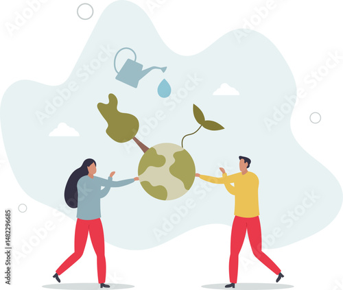 People Characters trying to Save Planet Earth.Woman and Man Planting and Watering Trees, Measuring Planet Temperature. character life .