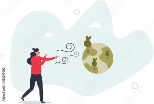 climate change concept.Character showing natural disaster, such as strong wind. character life .