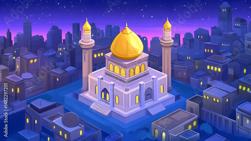 Golden Dome Mosque at Night Cityscape