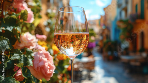 Ros? wine glass on a sunny Mediterranean street.