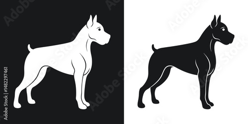 Silhouetted boxer dog in two contrasting styles on black and white backgrounds