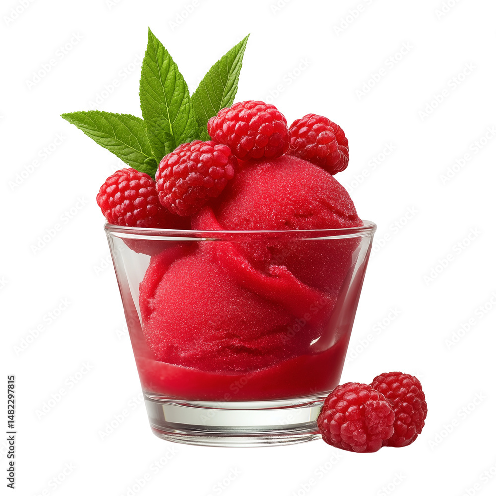 Raspberry sorbet in a glass with fresh raspberries and mint