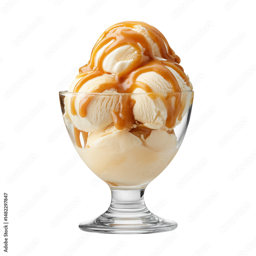 Vanilla ice cream with caramel sauce in glass bowl