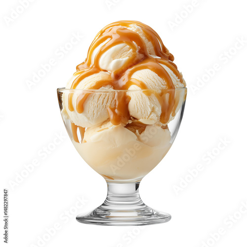 Obraz na płótnie Vanilla ice cream with caramel sauce in glass bowl w salonie