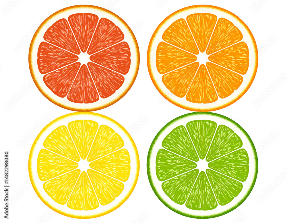 Obraz premium Four citrus fruit slices grapefruit, orange, lemon, lime