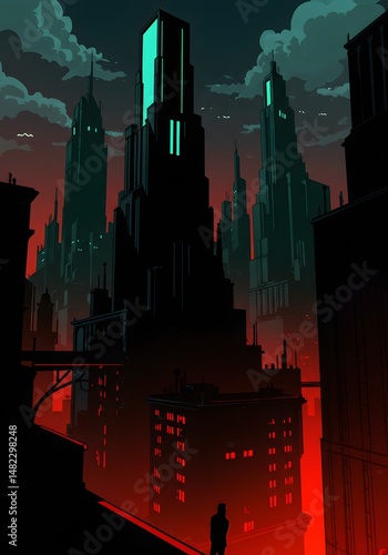 Stylized Cityscape at Night with Red and Teal Lights