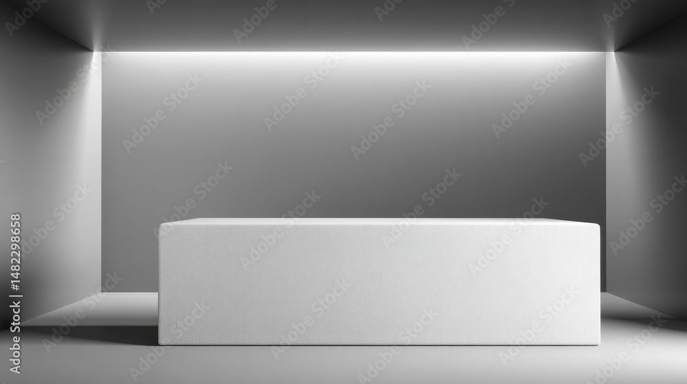 Obraz premium Minimalist interior with a white podium, modern lighting, and a sleek design.