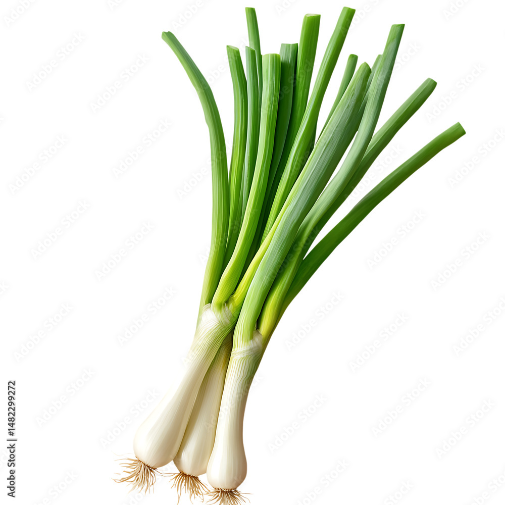 Bunch of fresh green scallions with roots isolated on a transparent background ready for cooking Bunch of fresh green scallions with roots isolated on a transparent background ready for cooking