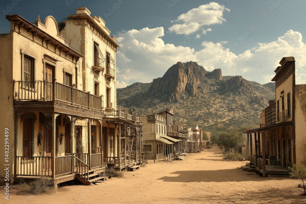 Fototapeta premium A deserted old western town with wooden buildings, a dirt street, and mountains in the background under a cloudy sky.