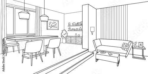 Living room graphic black white home interior sketch illustration vector 