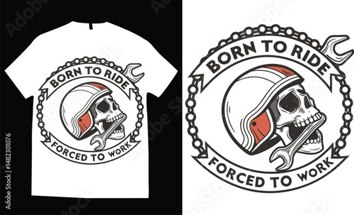 Motorcycle-themed skull helmet with crossed pistons and rebel rider elements,  engine parts, wings, and flames, the composition evokes fire, speed, and power, white t-shirt design vector illustration.
