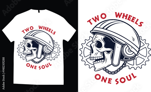 Motorcycle-themed skull helmet with crossed pistons and rebel rider elements,  engine parts, wings, and flames, the composition evokes fire, speed, and power, white t-shirt design vector illustration.