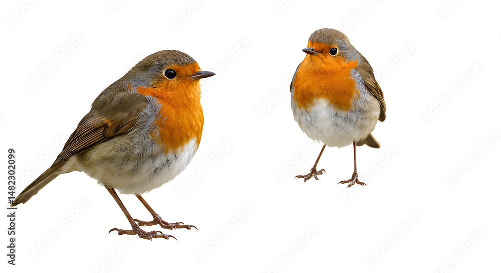 Fototapeta premium Two European robins standing on a plain white background, isolated birds image