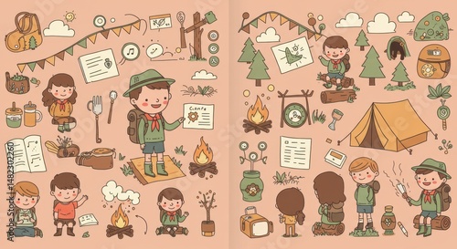 Illustrated Scouting Adventure Elements on Peach