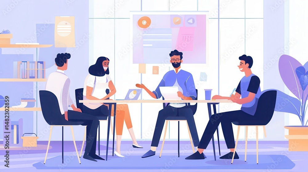 Illustration of four people in a meeting room with a whiteboard and a plant in the background Illustration of four people in a meeting room with a whiteboard and a plant in the background