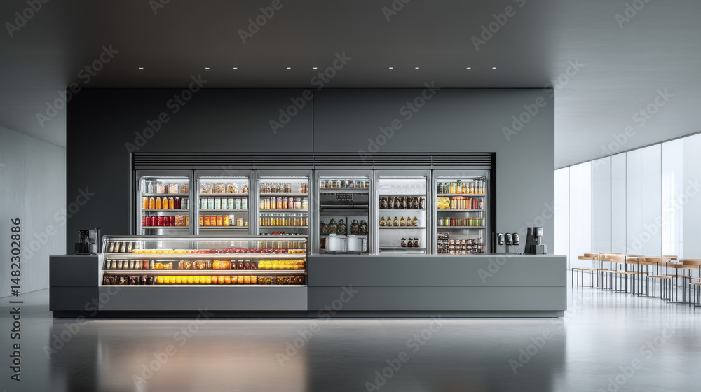 Modern cafe interior showcasing a range of drinks and snacks in a sleek design. Modern cafe interior showcasing a range of drinks and snacks in a sleek design.