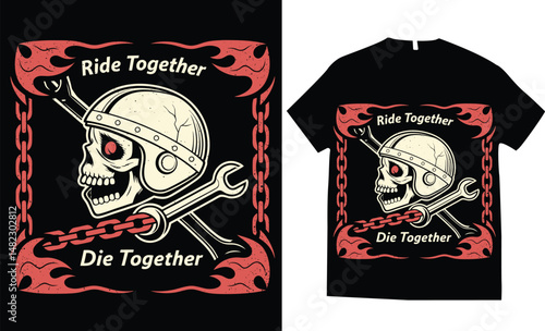 Motorcycle-themed skull helmet with crossed pistons and rebel rider elements,  engine parts, wings, and flames, the composition evokes fire, speed, and power, t-shirt design vector illustration.