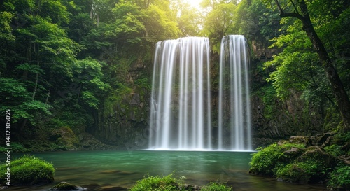 Waterfall cascading into a pool surrounded by lush green trees and vegetation.