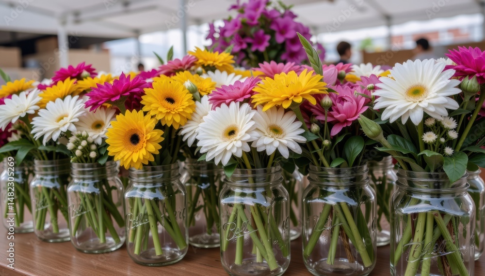 Fototapeta premium Colorful flowers in jars at a market setting.