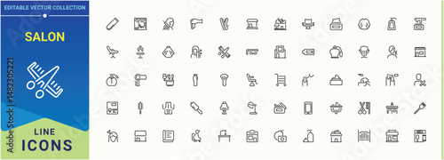 Salon modern icon set. Barbershop related icon set. Outline icons collection. Contain linear sign beauty, barber, barbershop, barbers, hairstyle and more. Vector artwork and illustration.