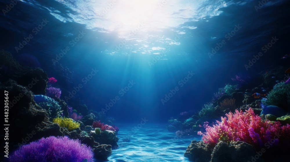Naklejka premium Underwater Scene with Colorful Coral and Sunlight Rays in Ocean