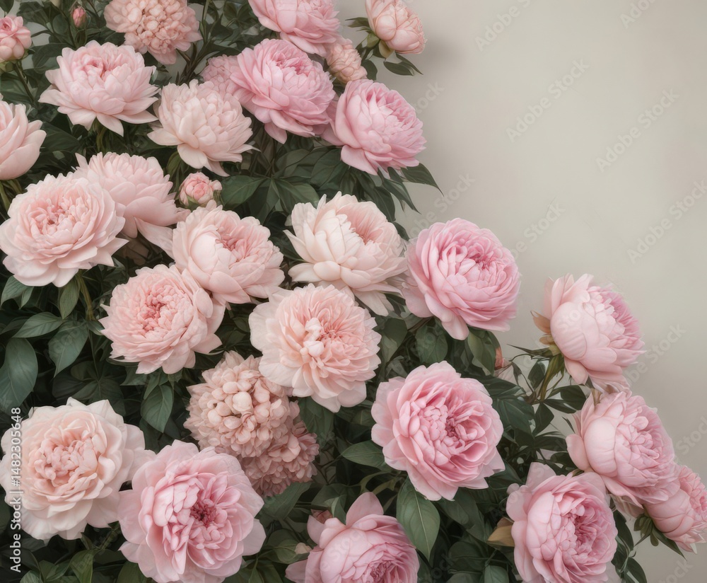 Fototapeta premium Muted pastel vintage floral wall Delicate pink roses, peonies, hydrangeas , flower wall, wedding decor