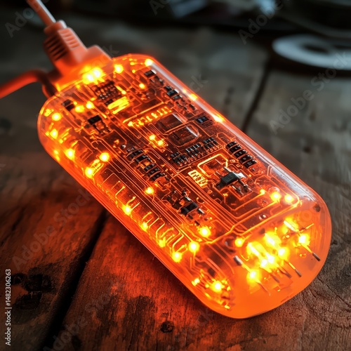 Glowing Orange Circuit Board with Bright LED Lights in Focused Shot