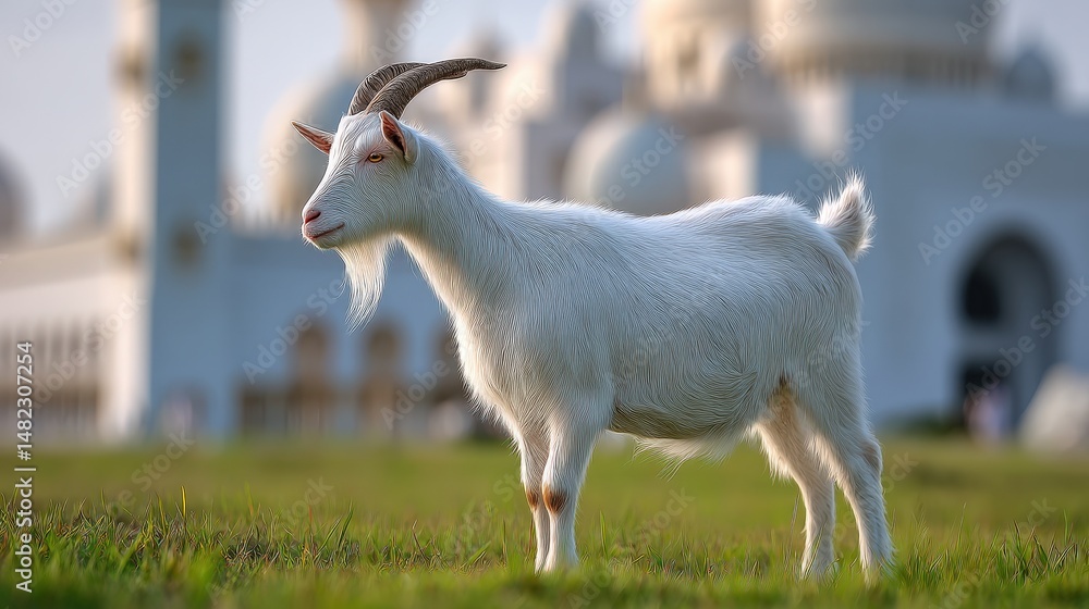 Fototapeta premium White goat in grassy field near white buildings.
