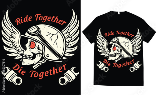 Motorcycle-themed skull helmet with crossed pistons and rebel rider elements,  engine parts, wings, and flames, the composition evokes fire, speed, and power, t-shirt design vector illustration.