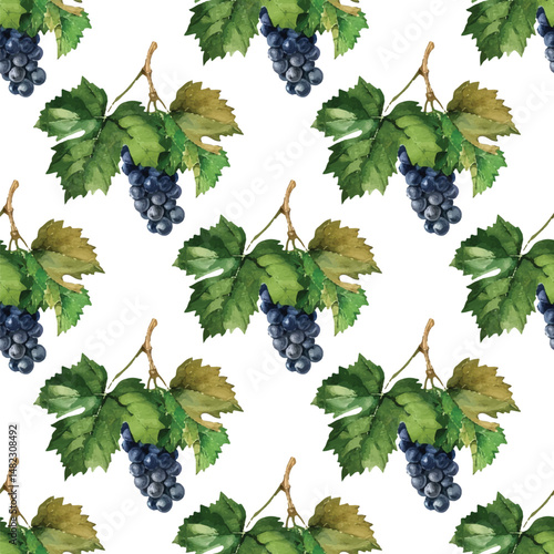 Seamless  pattern of grape clusters with green leaves. Ideal for wine labels, kitchen decor, packaging, and fabric. Hand-painted and rich in natural detail.
