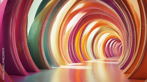Fototapeta Naklejka Na Ścianę i Meble -  Futuristic colorful tunnel interior in 3D rendering for abstract architecture surreal design imagination modern space dream