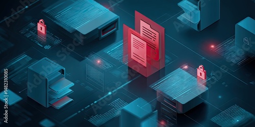Graphic representation of a secure digital document vault with icons indicating encryption and access control, highlighting data security in document management. 