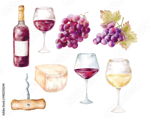 Collection of separate watercolor elements: wine bottle, red and white wine glasses, grape clusters, cheese wedge, and corkscrew. Perfect for DIY stationery, invitations, or digital scrapbooking.