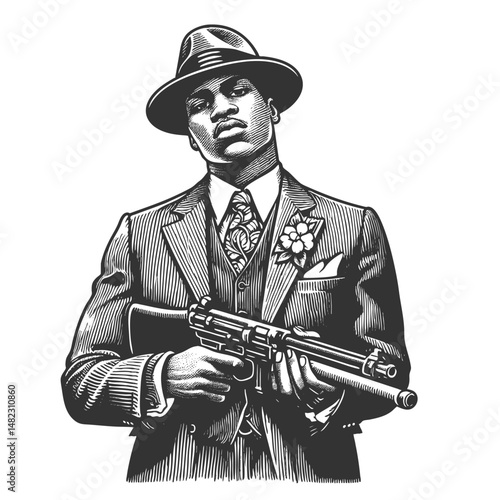 African-American gangster man in a suit, hat, holding machine gun sketch engraving generative ai fictional character vector illustration. Scratch board imitation. Black and white image.