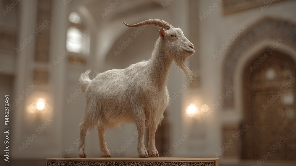 Fototapeta premium A white goat stands stately in a grand hall.