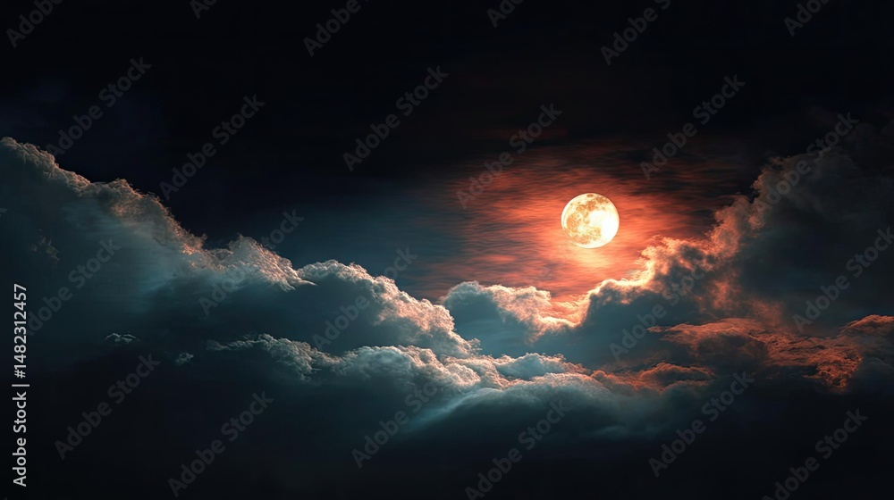 Obraz premium Red moon behind black clouds with mystical burn and smoke concept. A dramatic night sky with a glowing moon behind dark clouds.