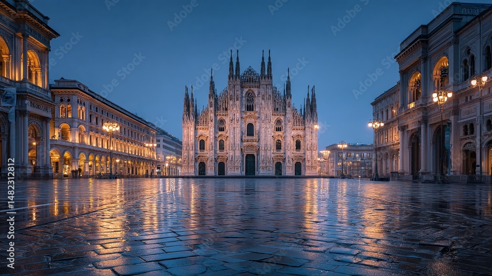 Naklejka premium Cathedral's majestic facade stands against a twilight sky. Wet pavement reflects the architectural brilliance, creating a stunning, ethereal scene.